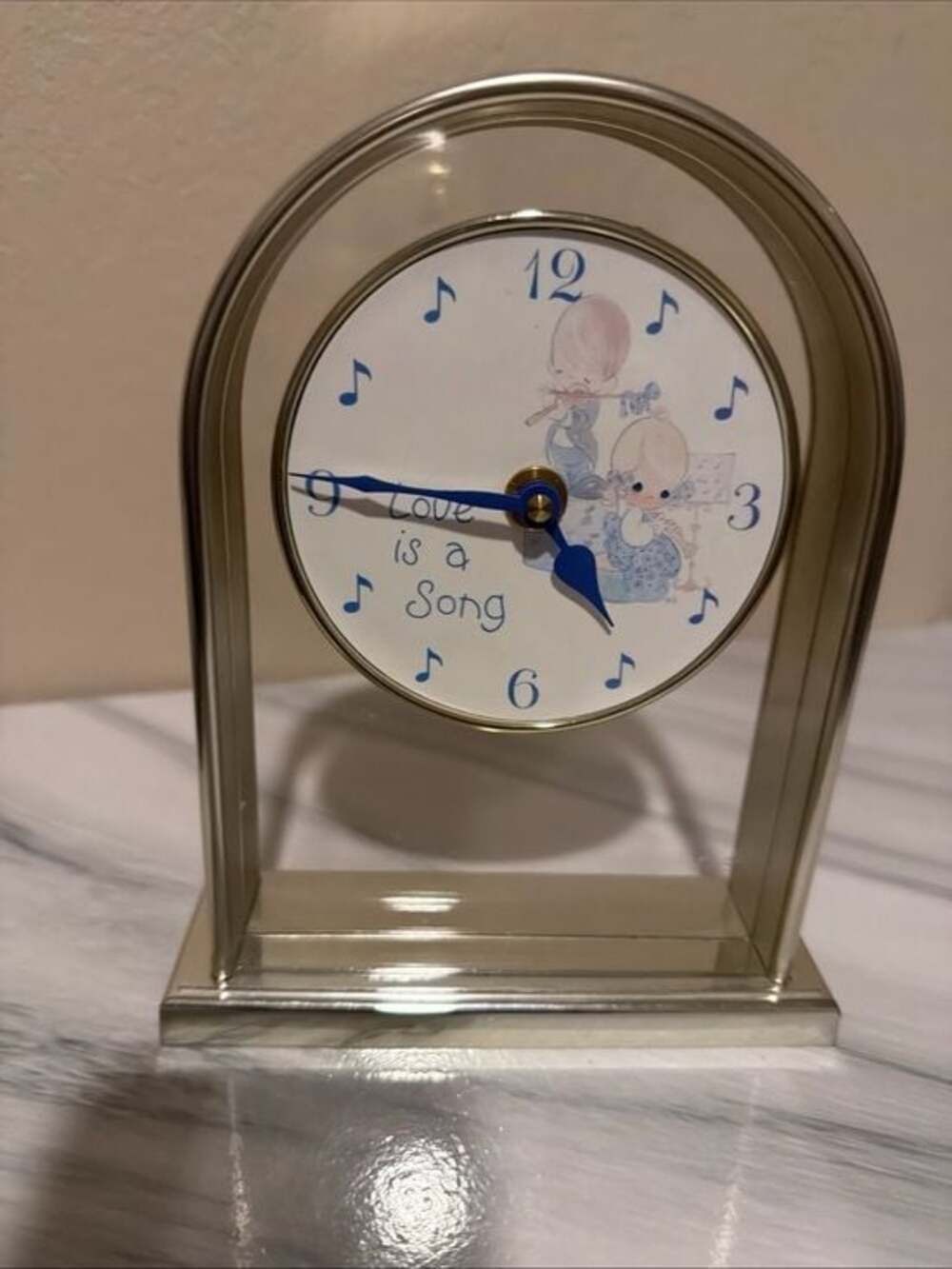 Precious Moments Blue and Cream Glass Arch Mantel Clock